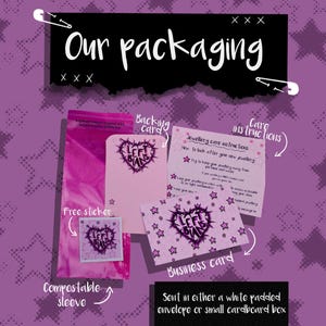 May include: Image of jewellery packaging, including a compostable sleeve, backing card, business card, and a free sticker. The packaging features a heart-shaped logo with the text "LEFT BANS" and star patterns. The text "Our packaging" is displayed at the top.