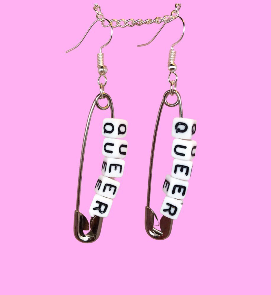 Queer Safety pin word earrings. custom, 4-5 letter word or name. Lesb…