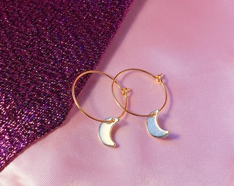 Gold Moon Charm Hoop Earrings: Witchy Celestial Jewelry