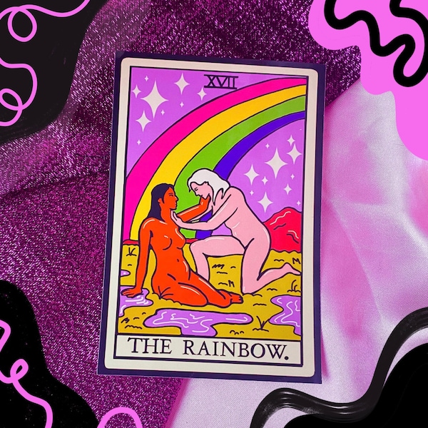 The Rainbow tarot card vinyl sticker, Sapphic love sticker for laptop, planner etc | lesbian tarot card sticker, gay witch sticker