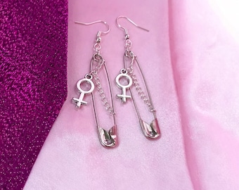 Safety Pin Venus Symbol Earrings: Alternative Lesbian Pride Jewelry