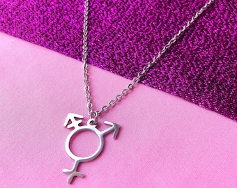 Transgender symbol necklace, stainless steel necklace chain with Trans pride symbol. Silver colour Transgender pride necklace