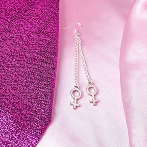 Double Venus symbol dangle drop earrings, two small female symbol charms dangle on chain | Lesbian pride earrings, sapphic WLW pride earring