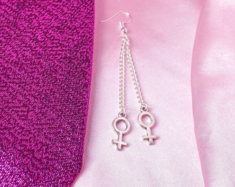 Double Venus symbol dangle drop earrings, two small female symbol charms dangle on chain | Lesbian pride earrings, sapphic WLW pride earring