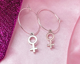 Silver Venus Symbol Hoop Earrings: Lesbian Pride Jewelry