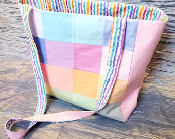 14x14 Quirky Rainbow Quilted Tote Bag // Fun, Cute Vibes // Handsewn, Cotton, Tote Bag, Shoulder Bag//