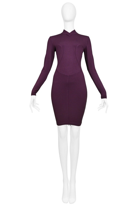 Vintage Alaia Purple Long Sleeve High V Neck Dress