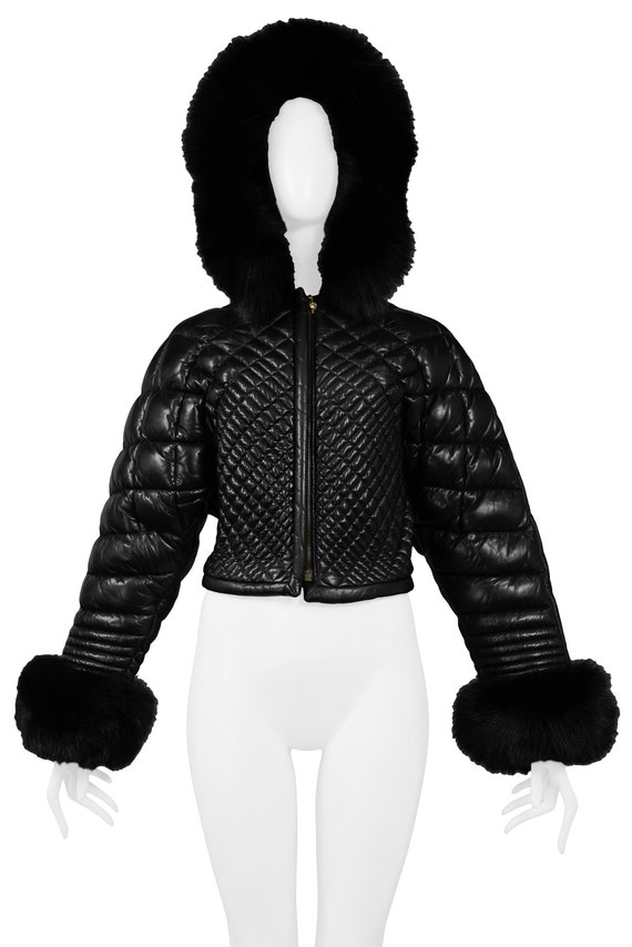 VERSACE BLACK LEATHER & fur puffer jacket 1992