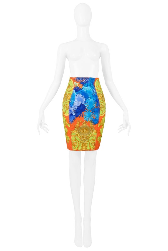 VERSACE 90S MULTICOLOR palm print cotton pencil sk