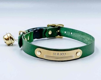 Custom Leather Cat Collar with Brass Nameplate and Bell | Adjustable Buckle | Optional Safety Buckle | Handcrafted