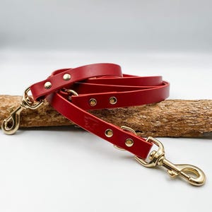 May include: Red leather dog lead with gold hardware and a snap hook. The lead is folded in half and resting on a piece of wood.