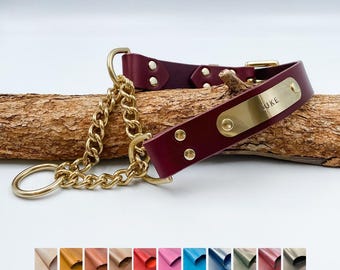 Collar Martingale de cuero para perros con placa de identificación / Placa de identificación personalizada, etiqueta de identificación silenciosa / Talla personalizada / Collar de cadena personalizado