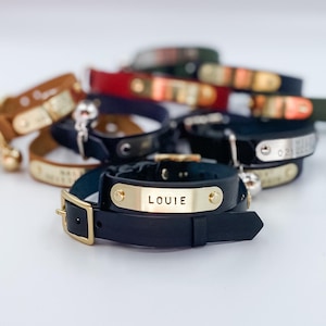 Soft Leather Cat Collar with Nameplate and Bell | Adjustable Brass Buckle | Optional Safety Breakaway Buckle | Custom Jingle Bell Collar