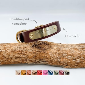 Leather Dog Collar + Handstamped Personalized Nameplate | Custom Dog Collar with name | Rust-proof Brass Buckle | Silent Dog Tag | Chestnut
