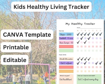 Rastreador de actividad física para niños, planificador de salud infantil, plantilla de Canva, lista de verificación saludable