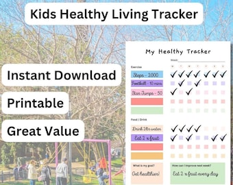 Può includere: Un tracker per la vita sana dei bambini stampabile con una lista di controllo per l'esercizio fisico e il cibo/bevande. Il tracker include attività come passi, calcio, salti stellari, bere 2 litri d'acqua e mangiare 2 pezzi di frutta. Il tracker include anche una sezione per stabilire obiettivi e migliorare la prossima settimana. Il tracker è progettato per aiutare i bambini a rimanere sani e attivi.