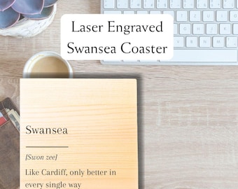 Posavasos divertido de Swansea: Posavasos de madera grabado con láser