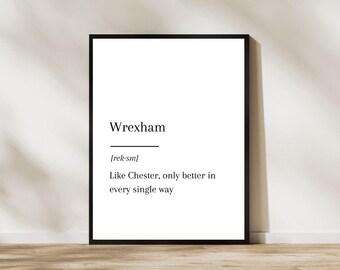 Póster de viaje con la impresión divertida de Wrexham, recuerdo de la rivalidad futbolística de Gales, Chester.