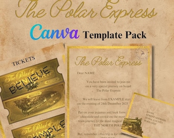 Plantilla de Canva editable con carta personalizada para billete del Polar Express
