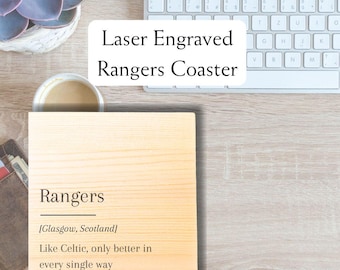 Posavasos de madera del Rangers FC: regalo de fútbol de Glasgow, Escocia, 10 cm x 10 cm