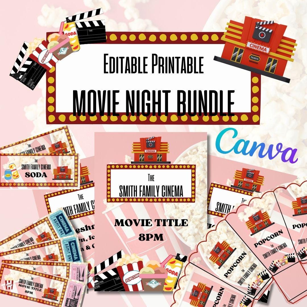 Personalised movie night printables. Film party tickets editable canva template