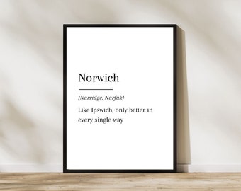 Póster impreso digital divertido de Norwich, recuerdo de Norfolk, viaje a Norwich