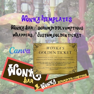 May include: A gold-coloured printable template for a Wonka's Golden Ticket. The text reads "Greetings to you the lucky finder of this golden ticket from Mr. Willy Wonka. Present this ticket at the factory gates, and do not be late. You may bring with you one member of your family...and only one. But no one else. In your wildest dreams, you cannot imagine the marshmallow surprises that await YOU!"