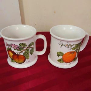 May include: Two white ceramic mugs featuring botanical illustrations. The left mug displays a red apple with pink blossoms and the word Apple. The right mug shows a bright orange fruit with white blossoms and the word Orange. Both have handles.