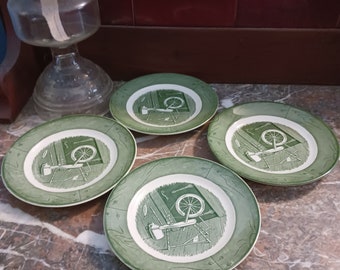 Four Colonial Homestead bread plates, vintage green Royal porcelain, 1950s design