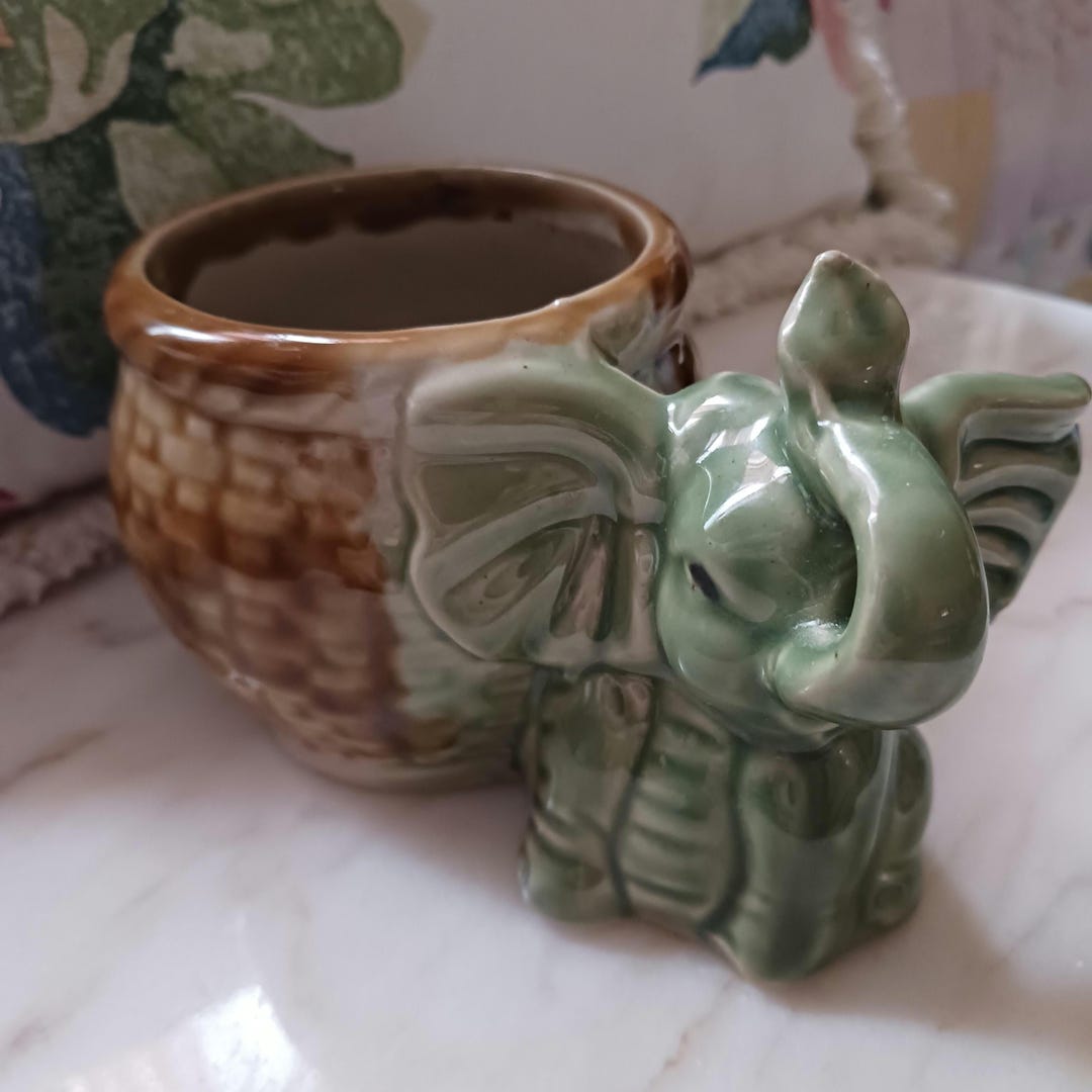 Majolica Elephant Planter, Vintage 1960s Green and Brown Pottery - Etsy