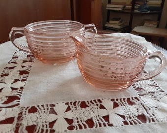Manhattan pink sugar and creamer, vintage Art Deco glass by Hocking