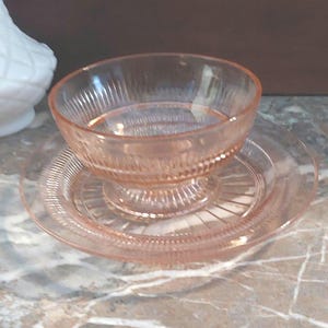 Pink Coronation sherbet with plate, vintage 1936 Art Deco glass made in USA