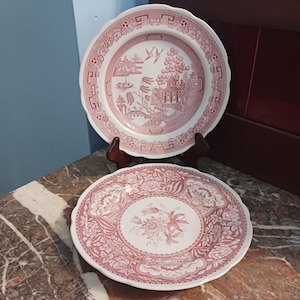 Two pink Spode dinner plates, vintage 1990s porcelain made in England