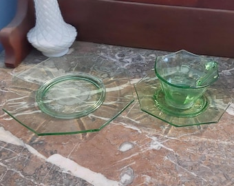 Egg Harbor plate, cup, and saucer, rare 1929 green glass by Liberty Works