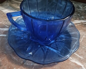 Newport cobalt blue cup and saucer, vintage 1936 Art Deco design by Hazel Atlas