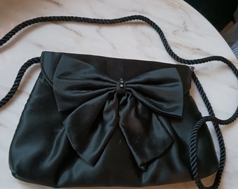 Vintage black evening purse, 1960s satin bag with rhinestone clasp
