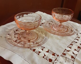 Two pink Block Optic sherbets with plates, vintage 1920s Hocking Glass design