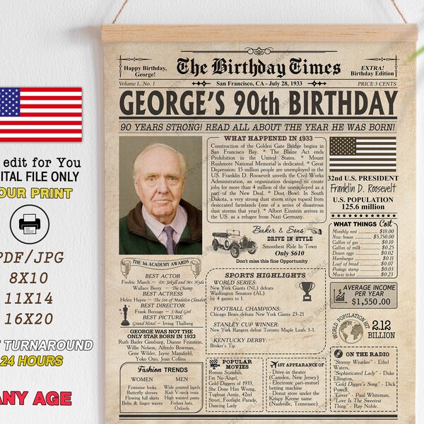 presents 90 year old lady 90th Birthday Poster, 90th Anniversary Poster, 1933 Newspaper Poster, 90 Years Ago Sign, Birthday Sign, Anniversary Sign, Printable, Any age
