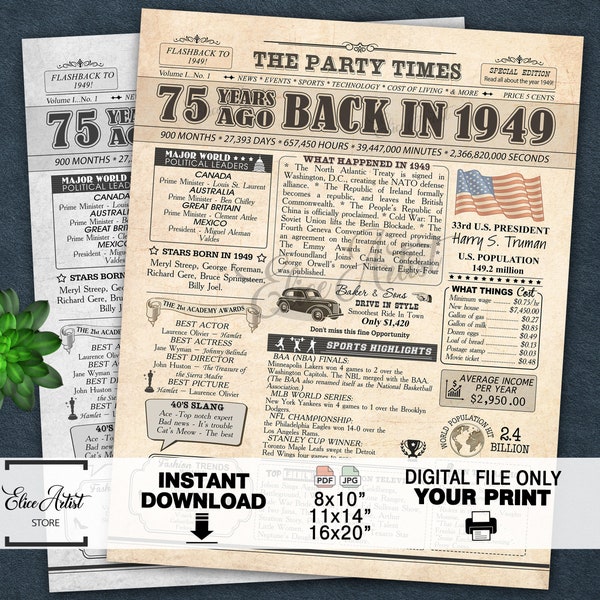 1949 poster, 75th birthday newspaper sign, 75 years ago back in 1949, 75th birthday decorations, 1949 birthday poster INSTANT DOWNLOAD