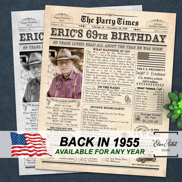 69th Birthday Newspaper Poster Sign, Back in 1955, 69th birthday gift for men or women, Personalized 1955 birthday party sign PRINTABLE