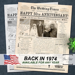 50th Anniversary Gift for Parents, Back in 1974 Newspaper Poster Sign PRINTABLE, 50th Wedding Anniversary Gift for husband and wife