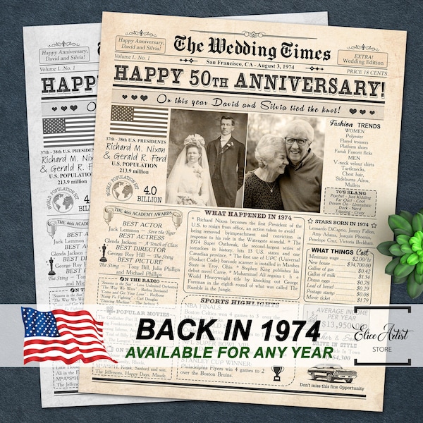 50th Anniversary Gift for Parents, Back in 1974 Newspaper Poster Sign PRINTABLE, 50th Wedding Anniversary Gift for husband and wife