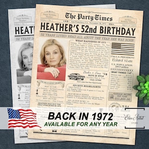 52nd Birthday Gift For Men Or Women, Back In 1972 Newspaper, Born In 1972 Printable Poster, Turning 52 Birthday Newspaper, Decoration Ideas
