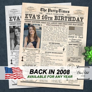 16 Geburtstag Zeitung Poster Zeichen, Sweet 16 Geburtstag Poster AMERIKANER, vor 16 Jahren Zurück im Jahr 2008, 16.Geburtstag Geschenk, Sweet 16 Dekoration