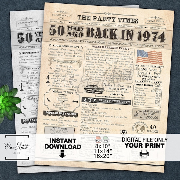 Back In 1974 PRINTABLE Newspaper Poster, 1974 DIGITAL Birthday Sign, Birthday Gift Idea, Year You Were Born, 50 years ago back in 1974 print