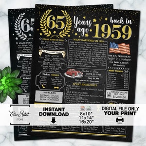 65th Birthday Poster, NEWSPAPER Poster Sign, Personalized Birthday Party Decoration, Anniversary Gift for Mom, Back in 1959, DIGITAL FILE