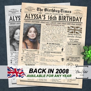 16 anos atrás em 2008 Reino Unido, 2008 na Grã-Bretanha, Cartaz de jornal de aniversário de 18 anos, Fatos britânicos de 2008, Decoração de festa de 16 anos, Digital