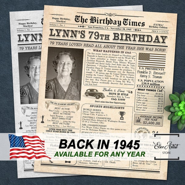 1945 birthday poster, 79th birthday gift for men or women, 79th Birthday Newspaper Poster Sign, back in 1945, 79th birthday ideas, ANY AGE