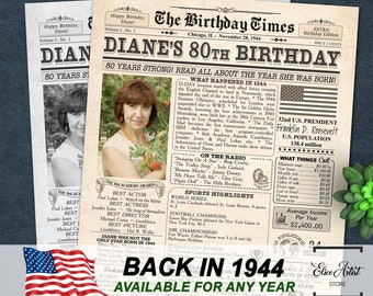 80. Geburtstag Personalisiertes Geschenk, individuelles Zeitungsdruck, 80. Geburtstagsgeschenk, druckbares Poster Geschenk, 1944 Poster, altes Zeitungsdesign