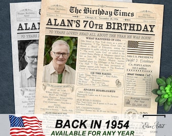 70th Birthday Newspaper Poster Sign, Back in 1954, 70th birthday gift for men or women, Personalized 1954 birthday party sign PRINTABLE